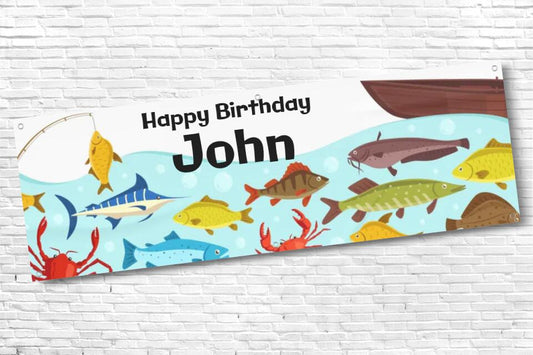 Mens and Boys Personalised Fishing Birthday Banner