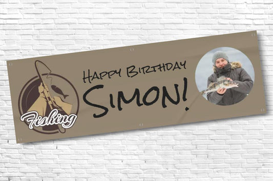 Mens and Boys Personalised Fishing Birthday Banner with Any Photo and Any Text