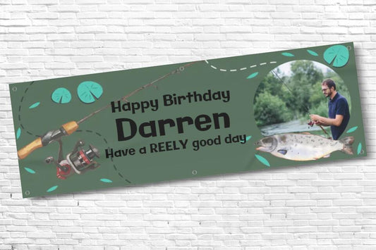 Green Mens and Boys Personalised Fishing Birthday Banner with Any Photo and Any Text