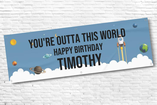 Blue Boys Rocket Birthday Banner with Any Text