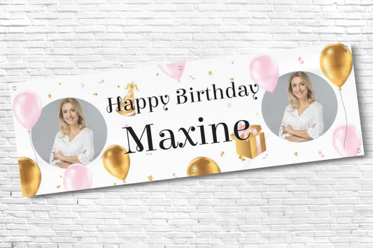 Ladies Balloon Birthday Banner with 2 Photos and any Text
