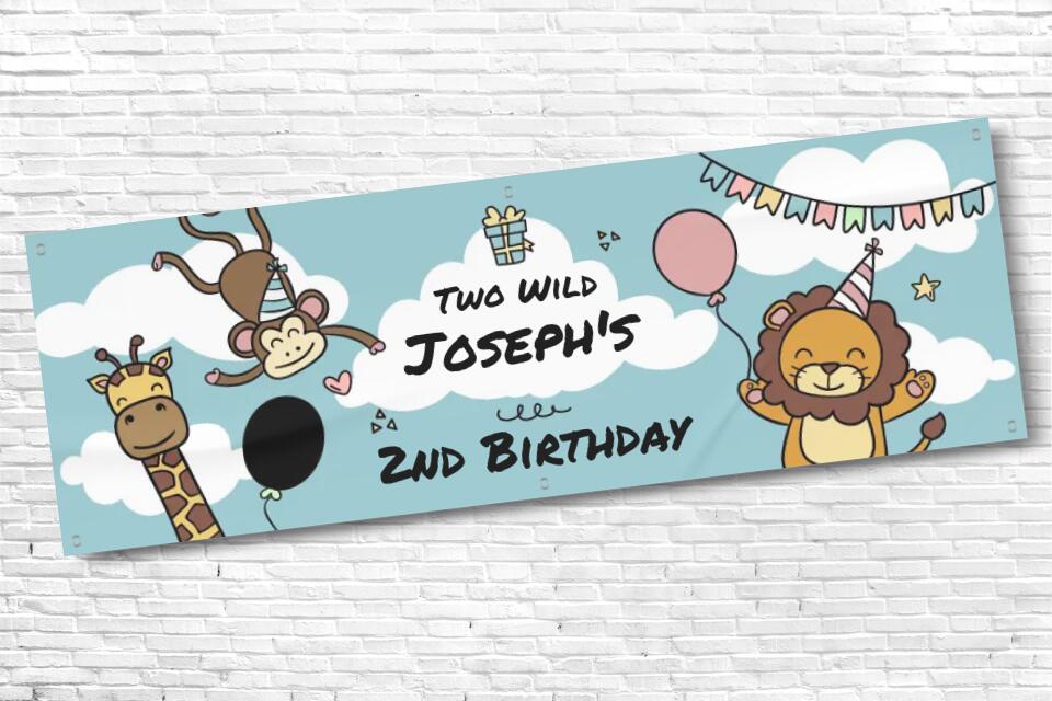 Personalised Boys Blue Animals Birthday Banner with any Text