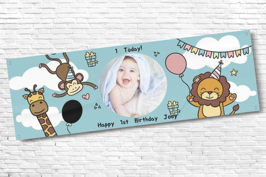 Personalised Boys Blue Animals Birthday Banner with any Text and Photo