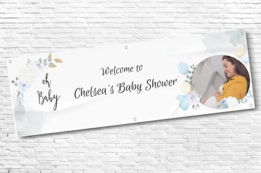 Personalised Blue and White Baby Shower Banner with any photo