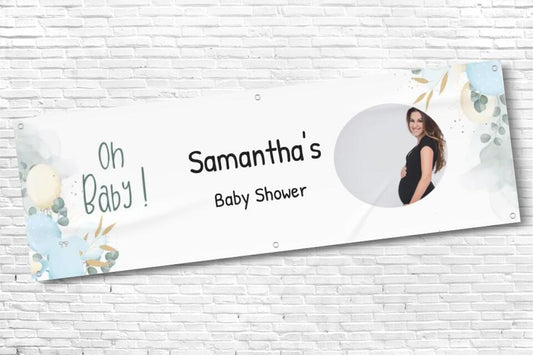 Personalised Blue and White Baby Shower Banner with any photo white black text