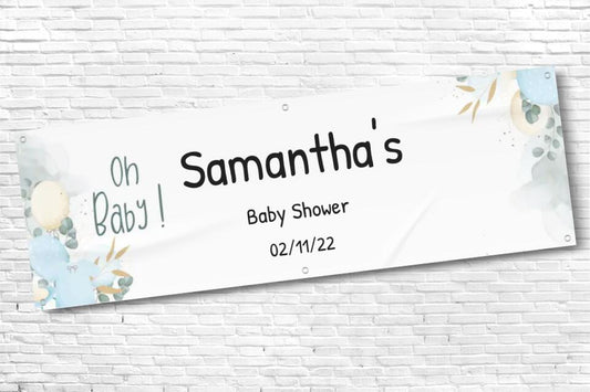 Personalised Blue and White Baby Shower Banner with black text