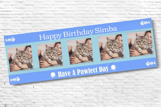 Personalised Blue Cat Birthday Banner with 5 photos