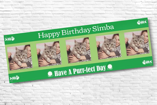 Personalised Green Cat Birthday Banner with 5 photos