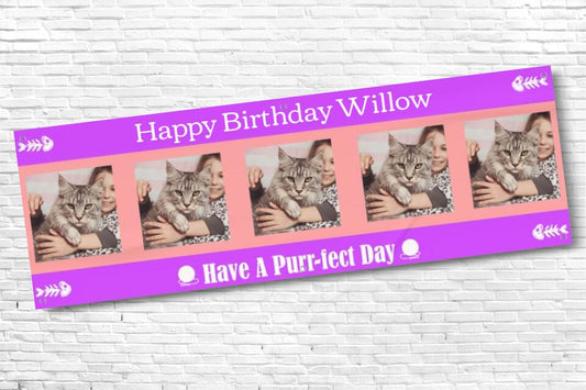 Personalised Purple Cat Birthday Banner with 5 photos