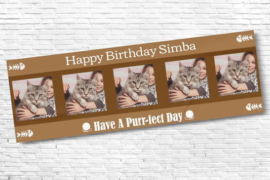 Personalised Brown Cat Birthday Banner with 5 photos