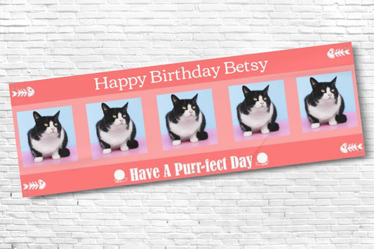 Personalised Pink Cat Birthday Banner with 5 photos