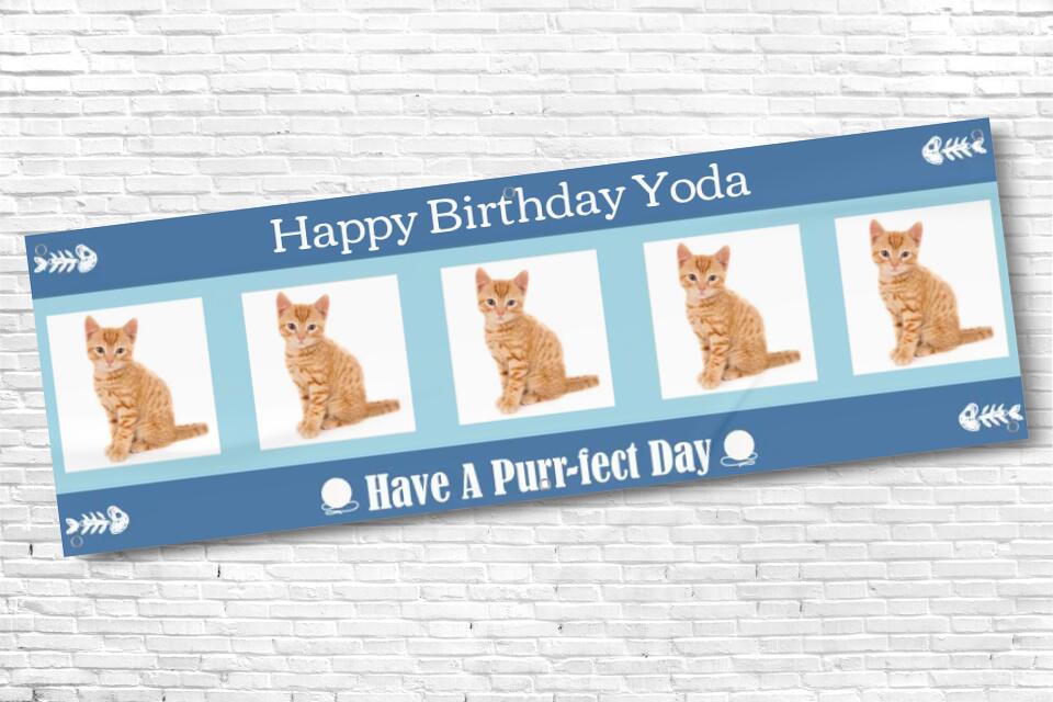 Personalised Blue Cat Birthday Banner with 5 photos