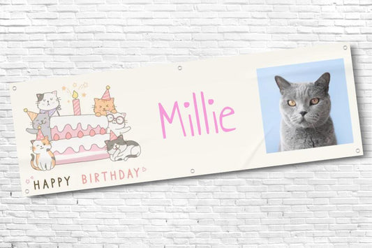 Personalised Party Cat Birthday Banner with photo