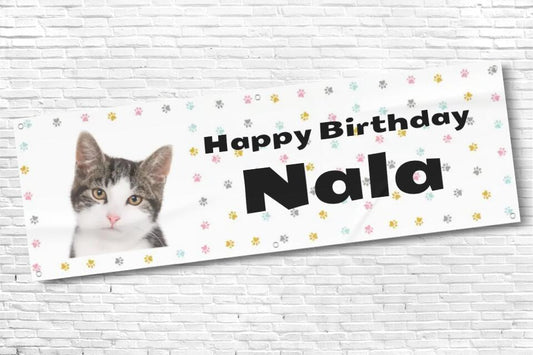 Personalised Party Paw Cat Birthday Banner with photo