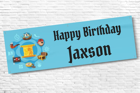 Personalised Boys Pirate Birthday Banner Blue