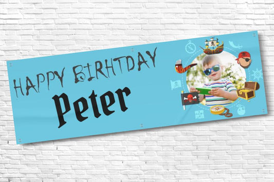 Personalised Boys Pirate Birthday Banner Blue with photo