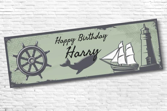 Personalised Boys Pirate Birthday Banner Grey