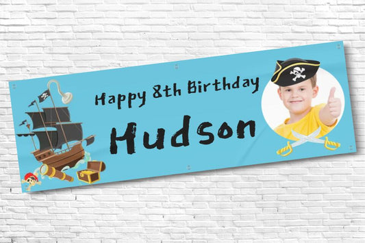 Personalised Boys Pirate Birthday Banner Blue with photo and text