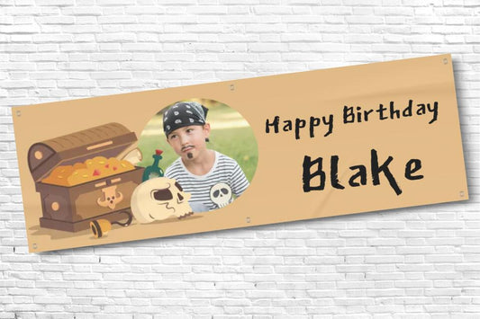 Personalised Boys Pirate Chest of Gold Birthday Banner with photo