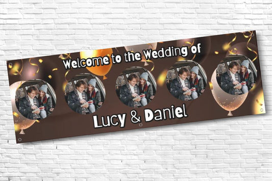 Personalised Brown and Gold Balloon 5 Image Wedding Banner