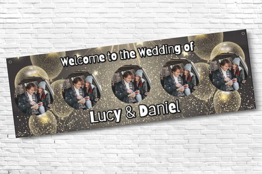Personalised Grey and Gold Balloon 5 Image Wedding Banner