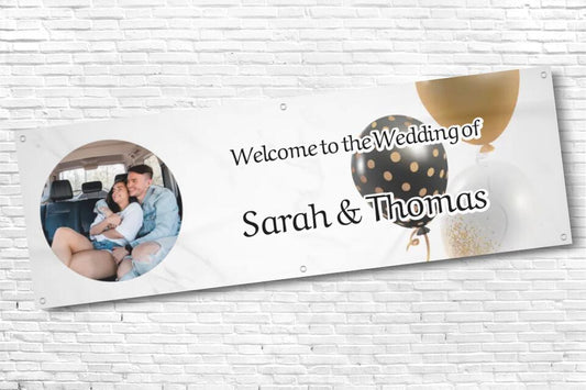 Personalised Black and Gold Balloon with any Image and text Wedding Banner