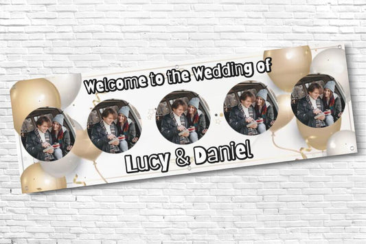 Personalised White & Gold Balloon 5 Image Wedding Banner