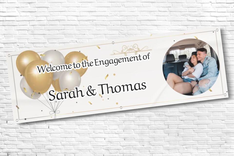 Personalised White & Gold Balloon with any Image and Text Engagement Banner