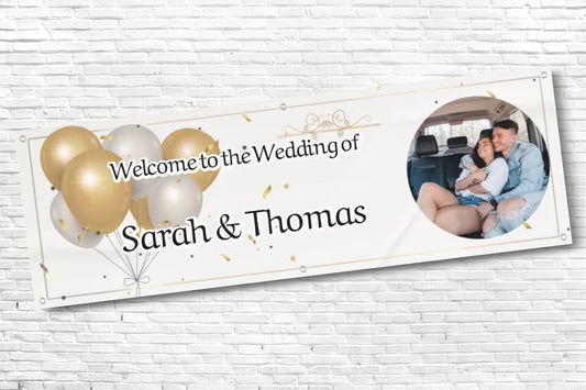 Personalised White & Gold Balloon with any Image and Text Wedding Banner