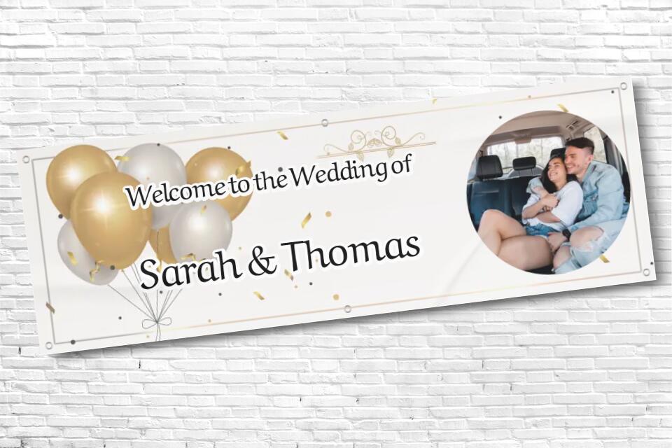 Personalised White & Gold Balloon with any Image and Text Wedding Banner