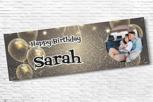 Personalised Black and Gold Balloon Birthday Banner with any Text and Photo