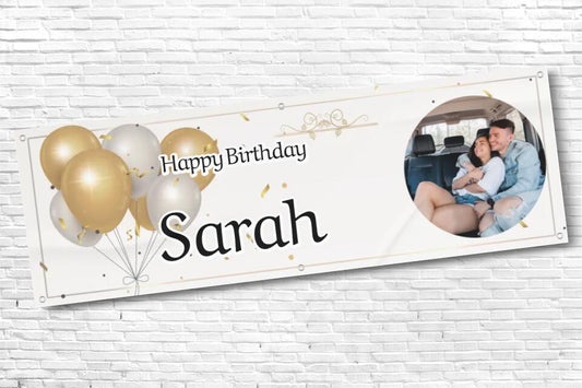 Personalised White and Gold Balloon Birthday Banner with any Text and Photo