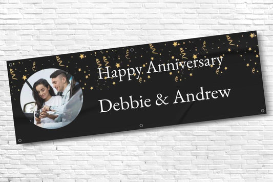 Personalised Black streamer Anniversary Party Banner with any Text and Photo