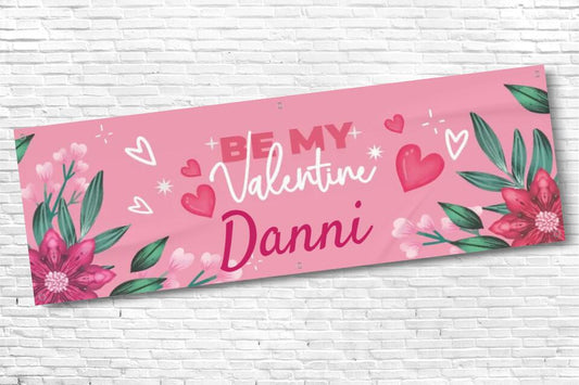 Personalised Pink Heart& Floral Valentines Banner with any Text & Name