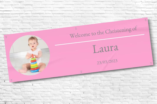 Personalised Baby Pink Christening Banner with any photo and text