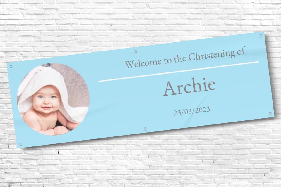 Personalised Baby Blue Christening Banner with any photo and text