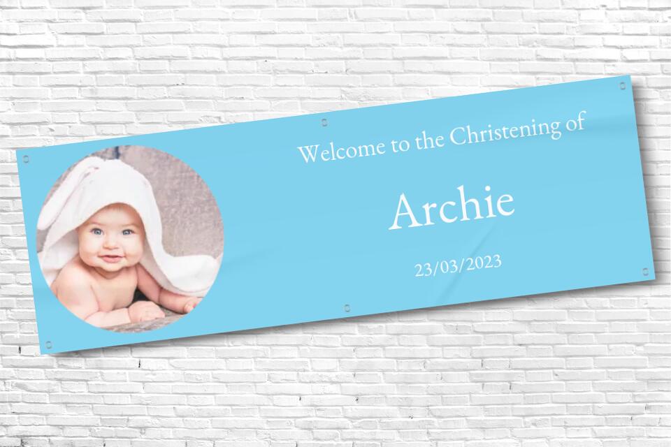 Personalised Light Blue Christening Banner with any photo and text