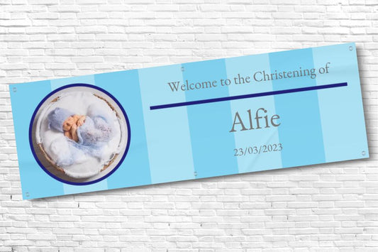 Personalised Blue Stripe Christening Banner with any photo and text