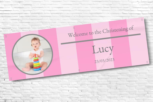 Personalised Pink Stripe Christening Banner with any photo and text