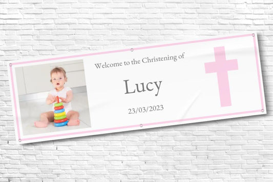 Personalised Pink Cross Christening Banner with any photo and text