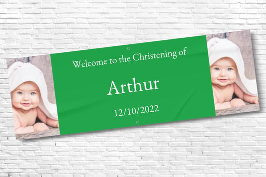 Personalised Green twin Photo Christening Banner with any text