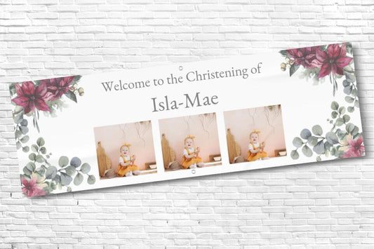Personalised Floral Triple Photo Christening Banner with any text