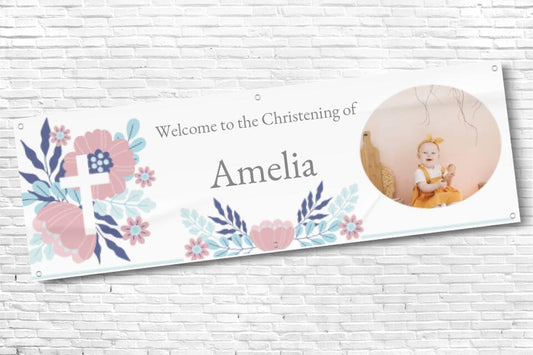 Personalised Floral Cross Christening Banner with any text and photo