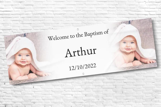 Personalised twin Photo with fade Baptism Banner with Black Text