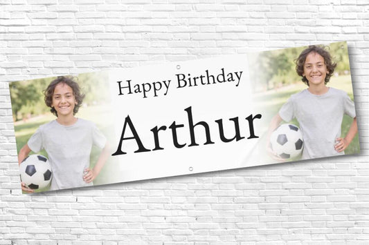Personalised twin Photo with fade Birthday Banner with Black Text