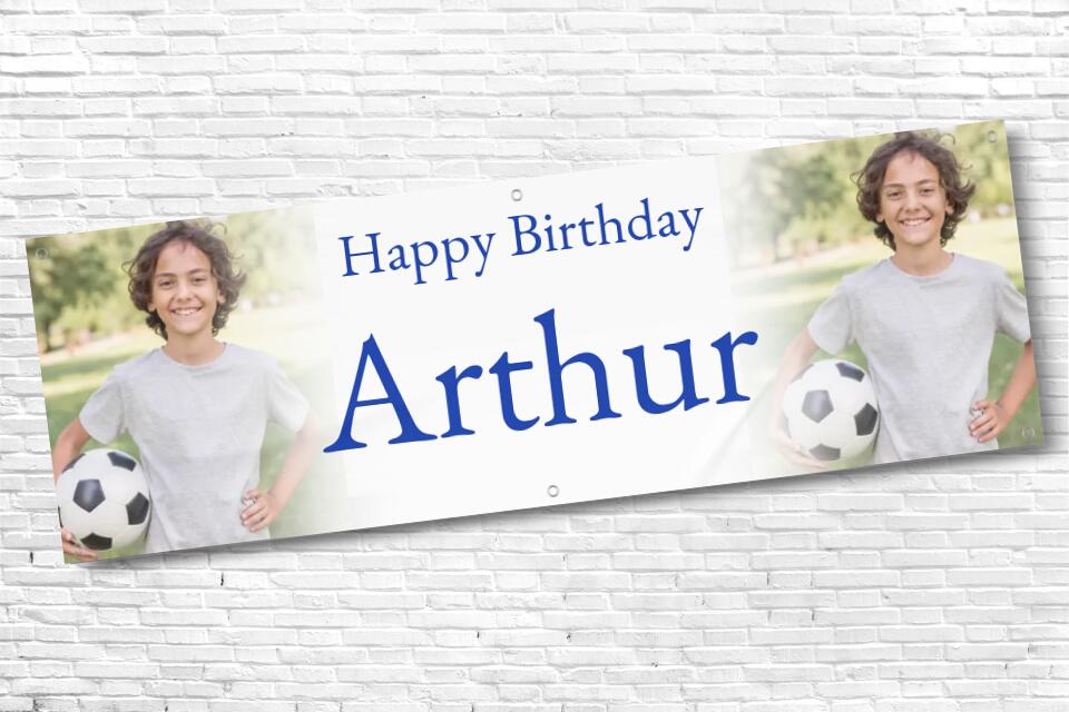 Personalised twin Photo with fade Birthday Banner with Blue Text