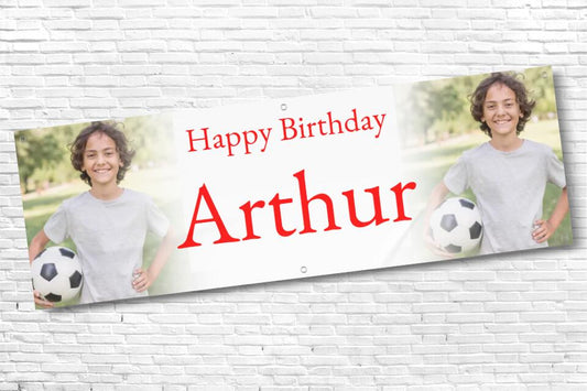 Personalised twin Photo with fade Birthday Banner with Red Text