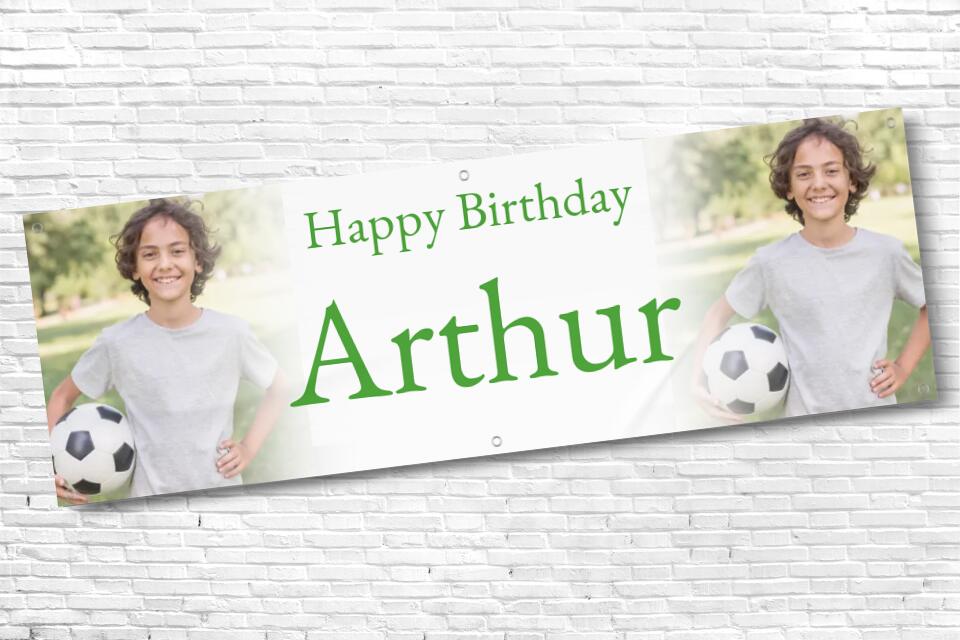 Personalised twin Photo with fade Birthday Banner with Green Text