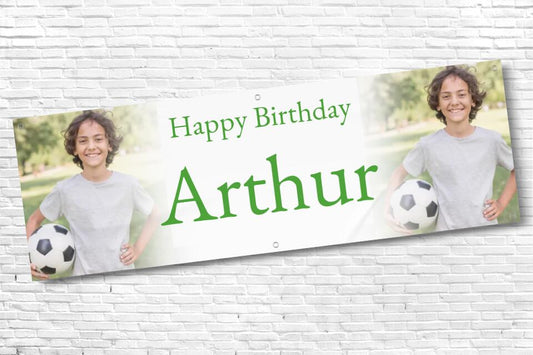 Personalised twin Photo with fade Birthday Banner with Green Text