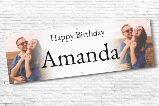 Personalised Ladies twin Photo with fade Birthday Banner with Black Text